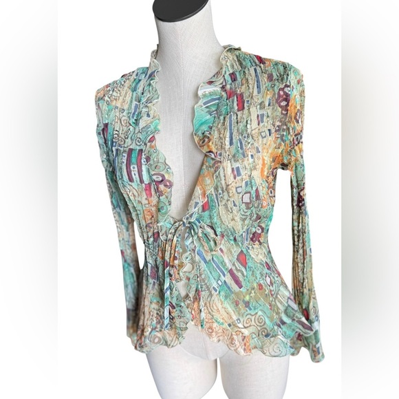 Y2K Notations Sheer Whimsical Ruffle Pattern Tie Blouse size Medium - Picture 2 of 4